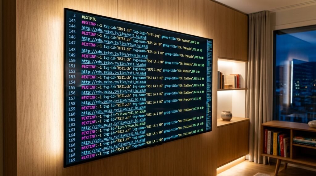 Struktur einer IPTV M3U URL mit Syntax-Highlighting.